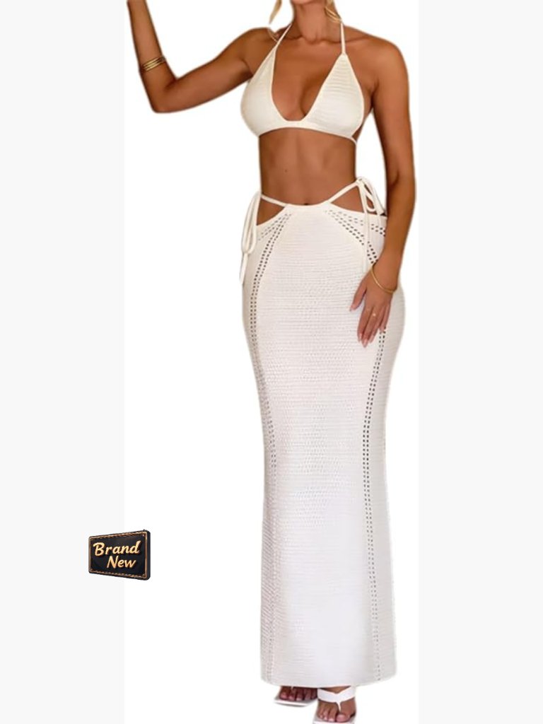 Crochet 2 Piece Cover Up Set Hollow Out Swim Bikini Top And Midi Skirt Knit